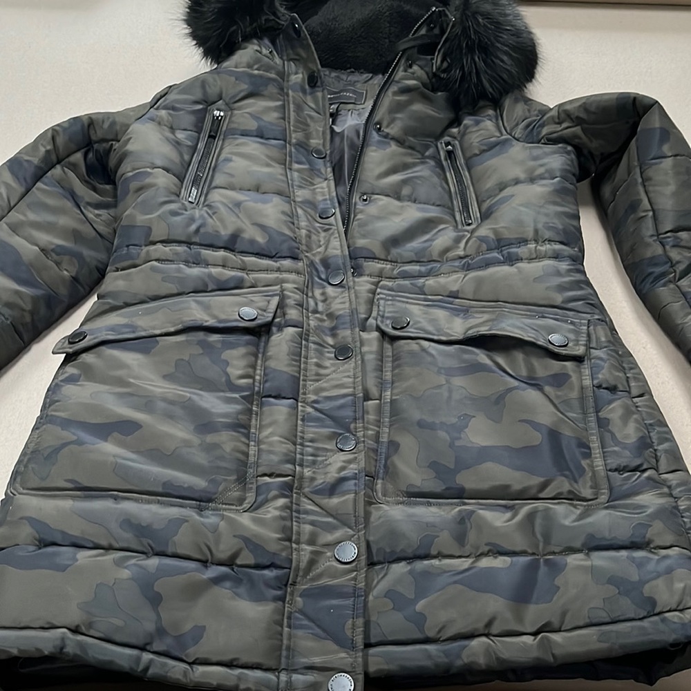 Like new BCBG camo winter coast with faux fur hood